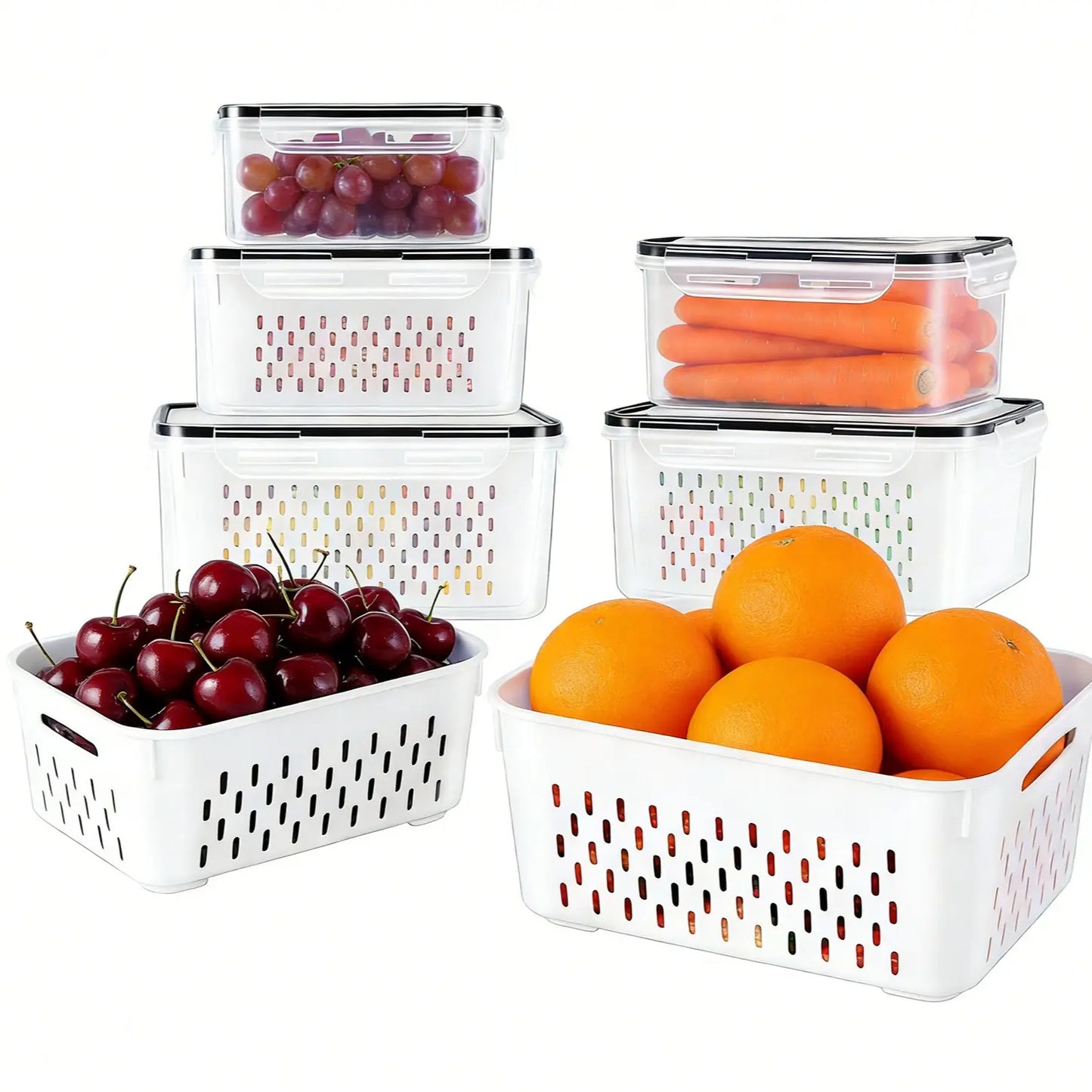 Stackable Fridge Organizers & Food Storage Containers – BPA-Free Produce Keepers with Removable Colander (8/10/12/16 Pack)