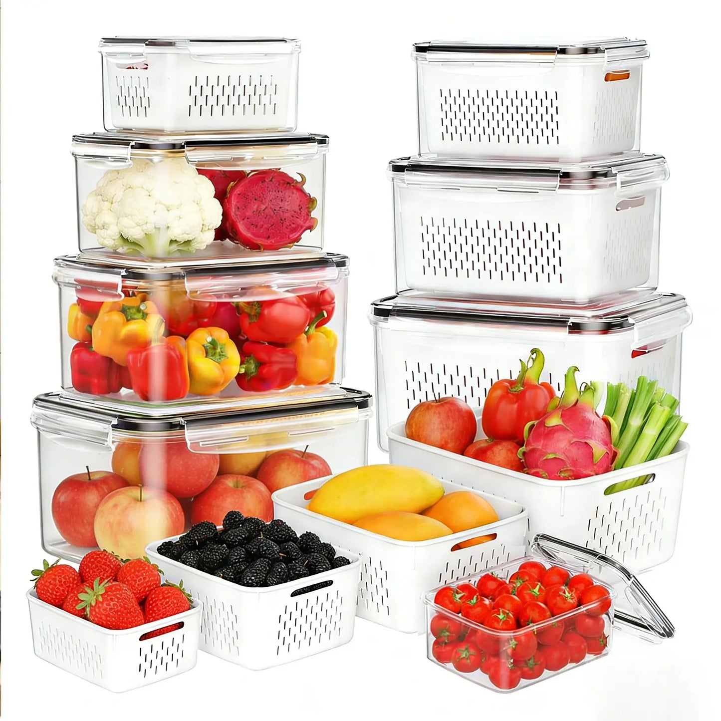 Stackable Fridge Organizers & Food Storage Containers – BPA-Free Produce Keepers with Removable Colander (8/10/12/16 Pack)