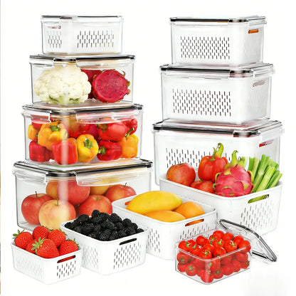 Stackable Fridge Organizers & Food Storage Containers – BPA-Free Produce Keepers with Removable Colander (8/10/12/16 Pack)