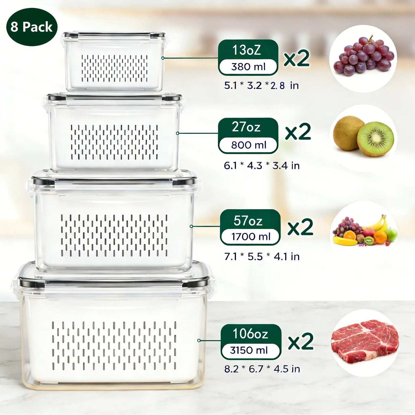 Stackable Fridge Organizers & Food Storage Containers – BPA-Free Produce Keepers with Removable Colander (8/10/12/16 Pack)