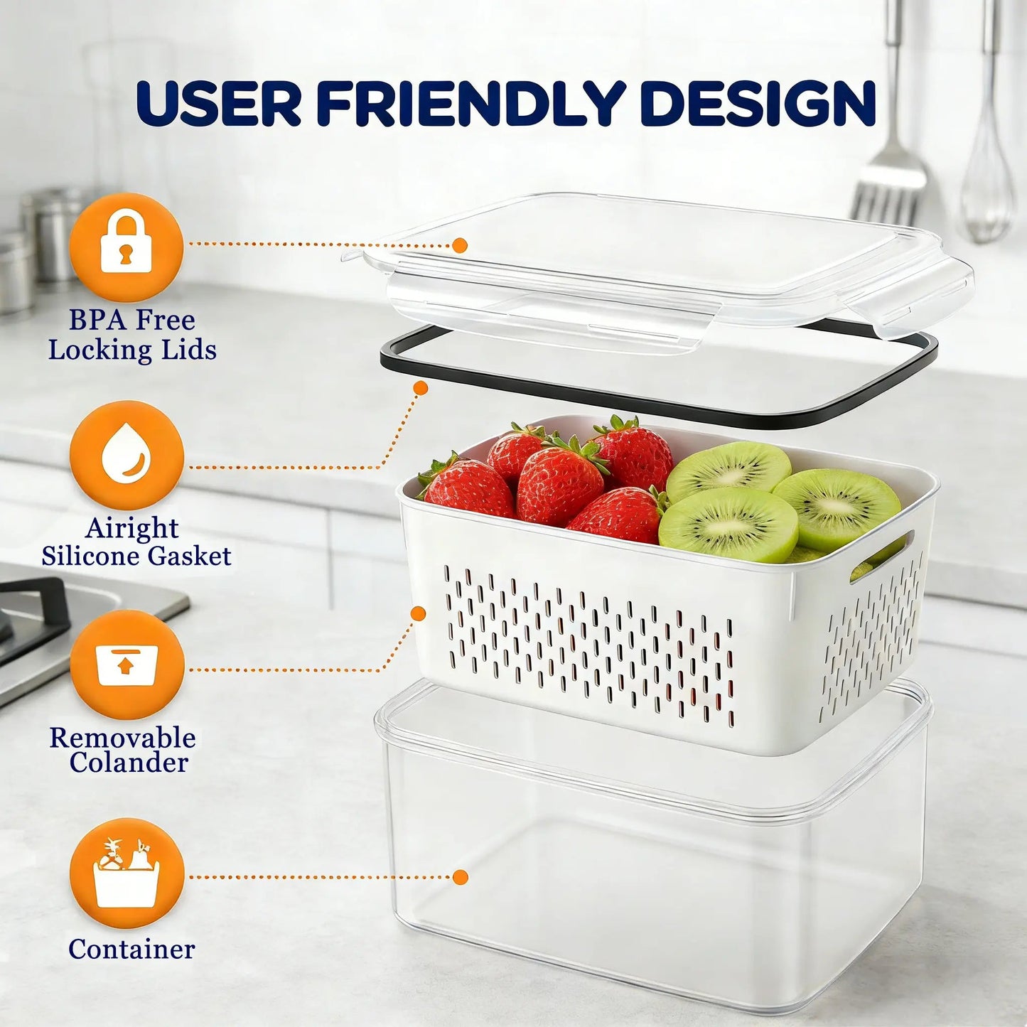 Stackable Fridge Organizers & Food Storage Containers – BPA-Free Produce Keepers with Removable Colander (8/10/12/16 Pack)