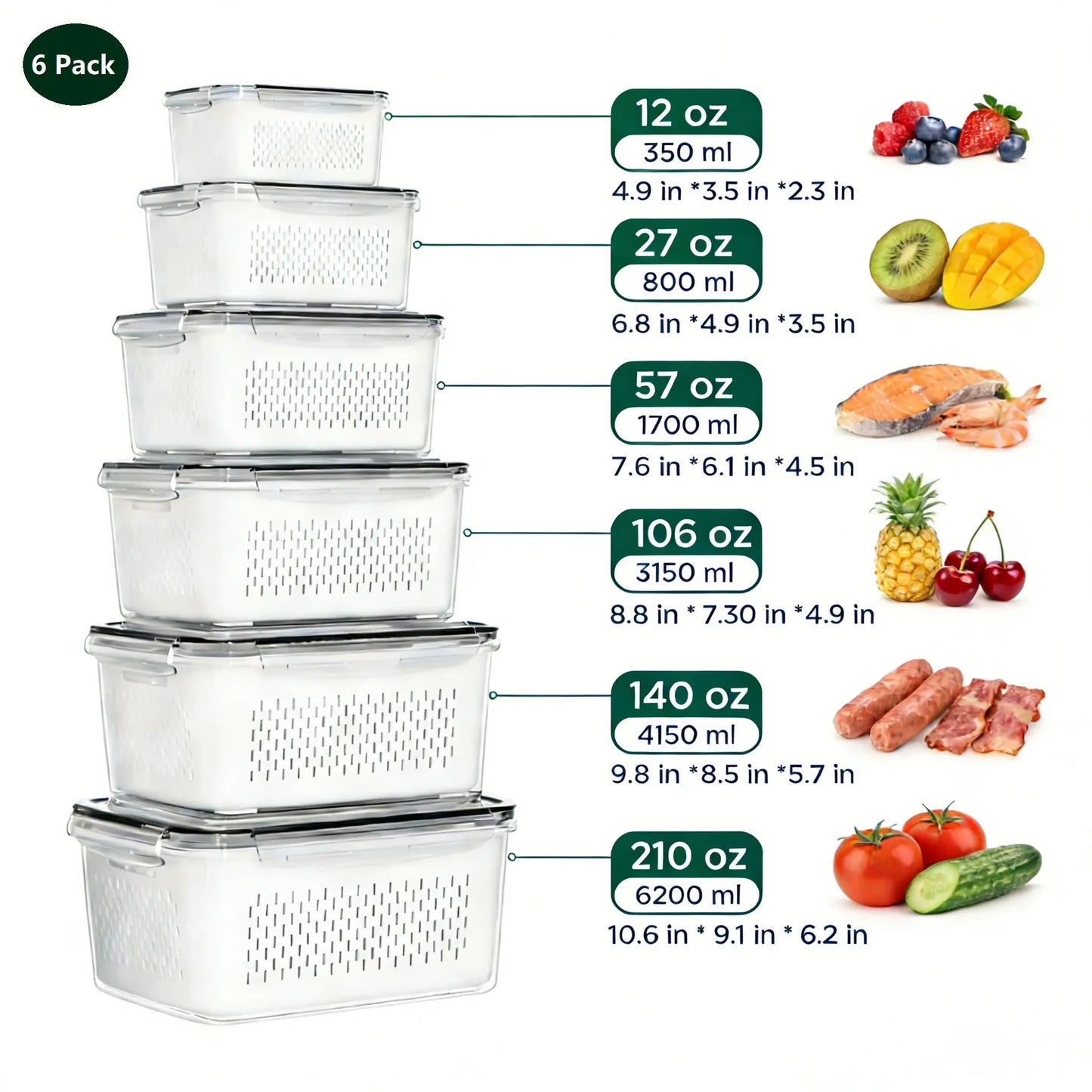 Stackable Fridge Organizers & Food Storage Containers – BPA-Free Produce Keepers with Removable Colander (8/10/12/16 Pack)