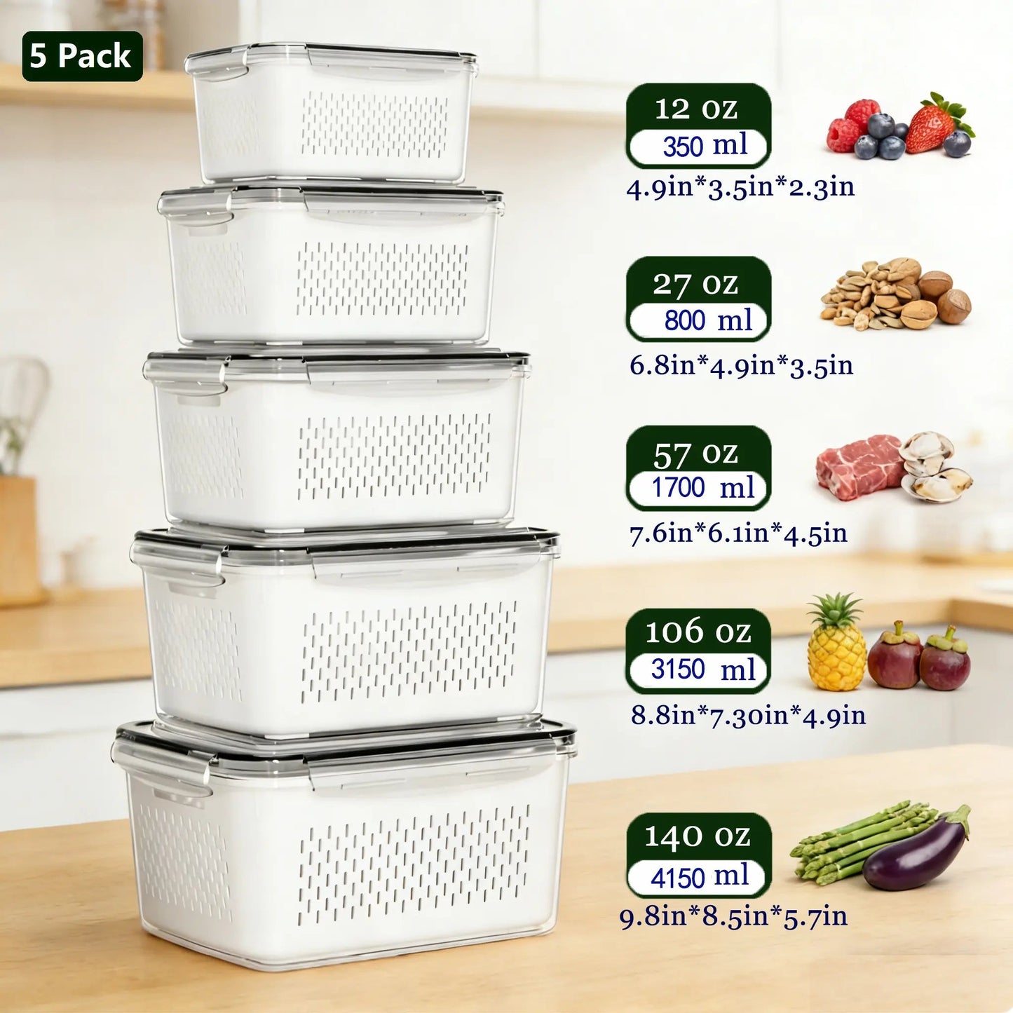 Stackable Fridge Organizers & Food Storage Containers – BPA-Free Produce Keepers with Removable Colander (8/10/12/16 Pack)