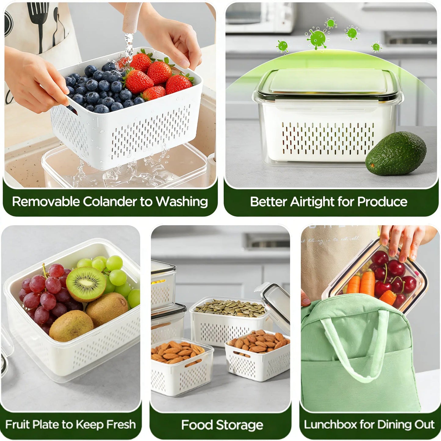Stackable Fridge Organizers & Food Storage Containers – BPA-Free Produce Keepers with Removable Colander (8/10/12/16 Pack)