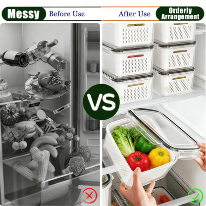 Stackable Fridge Organizers & Food Storage Containers – BPA-Free Produce Keepers with Removable Colander (8/10/12/16 Pack)